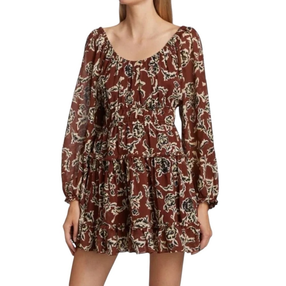 TANYA TAYLOR Edita Crinkled Puff-Sleeve Tiered Mini Dress
